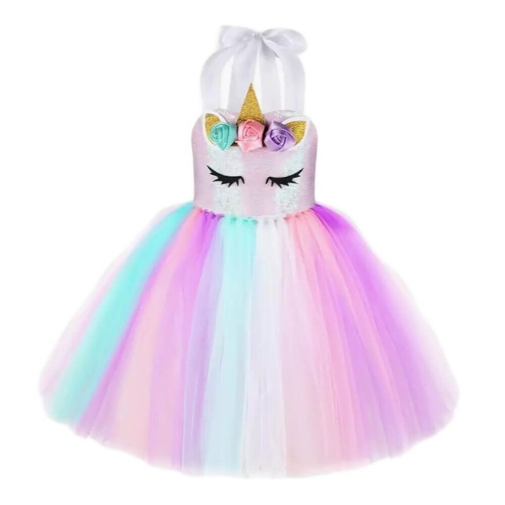 Girls Tutu Dress Unicorn Kids Rainbow Princess Wedding Events Flower Dress EUC